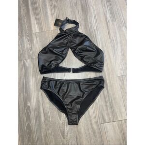 NWT Fredrick’s of Hollywood black faux leather halter top lingerie bikini set Si